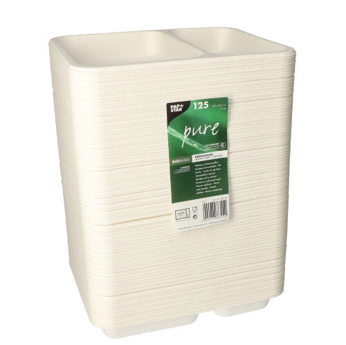 Egy halom PAPSTAR 125 pecséttálca fenntartható cukornádból két rekesszel függőlegesen látható. Az elülső zöld-fehér címke a PAPSTAR GmbH márkát és csomagonként 125 biológiailag lebomló tálcát mutat.