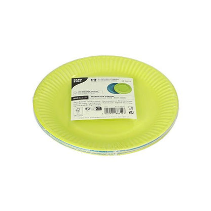 Egy 12 darabos PAPSTAR papírtányér készlet, kör alakú, Ø 18 cm, színesen válogatva a PAPSTAR GmbH-tól – műanyag csomagolásban címkével (vonalkód, ikonok, szöveg), biológiailag lebomló a fenntartható használat érdekében.