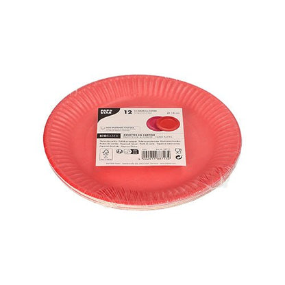 A képen egy csomag tizenkét PAPSTAR 12 tányér látható, kör alakú papír, Ø 18 cm, színesen válogatva a PAPSTAR GmbH-tól, átlátszó műanyagba csomagolva, közepén fehér címkével, amelyen termékinformációk, szimbólumok és vonalkód található.
