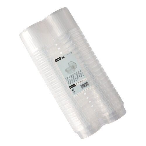 A Starpak 38 csemege pohár csomag 38 átlátszó, kerek 180 ml-es PP-poharat tartalmaz (Ø 9,5 cm, M 4,5 cm) eredetiségi fedéllel, egymásra helyezve és zsugorfóliába csomagolva, központi fehér címkével, amely a termék részleteit tartalmazza – ideális csemege termékek tálalásához.