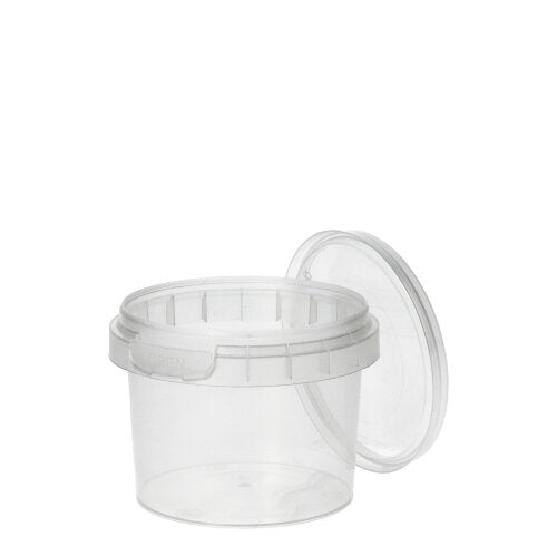 Egy átlátszó, kerek Starpak 48 finomságbögre PP-tartály (120 ml, Ø 6,9 cm × 5,1 cm) fedéllel és eredetiségi zárással nyitva van egy egyszerű fehér háttér előtt ábrázolva.