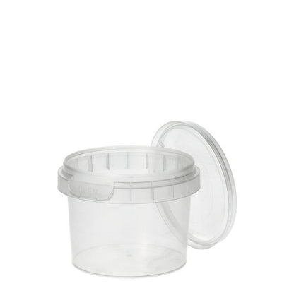 Egy átlátszó, kerek Starpak 48 finomságbögre PP-tartály (120 ml, Ø 6,9 cm × 5,1 cm) fedéllel és eredetiségi zárással nyitva van egy egyszerű fehér háttér előtt ábrázolva.