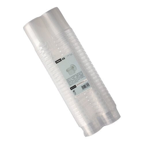 Egy csomag 48 átlátszó, kerek Starpak finomságbögre (120 ml, 6,9 cm × 5,1 cm) eredetiségi zárással, egymásra rakva és zsugorfóliába csomagolva, központi címkével Starpak márkajelzéssel és termék részletekkel.