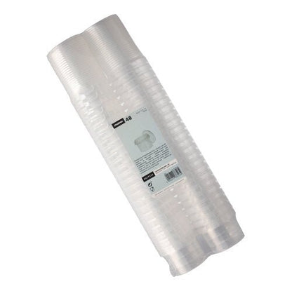 Egy csomag 48 átlátszó, kerek Starpak finomságbögre (120 ml, 6,9 cm × 5,1 cm) eredetiségi zárással, egymásra rakva és zsugorfóliába csomagolva, központi címkével Starpak márkajelzéssel és termék részletekkel.