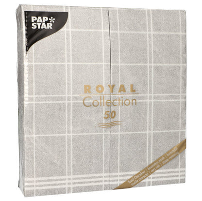 A PAPSTAR 50 szalvéta "ROYAL Collection" 1/6-hajtás 48x33 cm "Kitchen Craft" a PAPSTAR GmbH-tól szürke-fehér kockás dizájnnal ideális elegánsan terített asztalokhoz. Minden csomag 50 szalvétát tartalmaz.