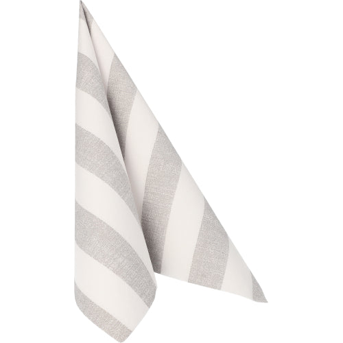 Egy szürke-fehér csíkos anyagszalvéta lóg egy fehér háttér előtt, hasonlóan a PAPSTAR GmbH 50 szalvétához "ROYAL Collection" 1/4-hajtás 40 x 40 cm szürke.