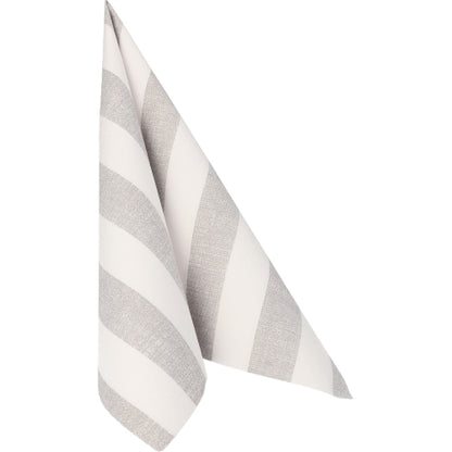 Egy szürke-fehér csíkos anyagszalvéta lóg egy fehér háttér előtt, hasonlóan a PAPSTAR GmbH 50 szalvétához "ROYAL Collection" 1/4-hajtás 40 x 40 cm szürke.