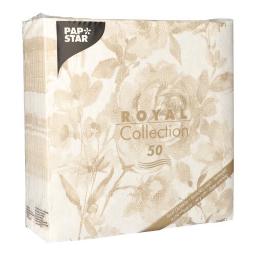 Egy 50 darabos csomagról van szó PAPSTAR "ROYAL Collection" 1/4 hajtású szalvéták (40 x 40 cm) homok színben, melyek átlátszó csomagolása a bézs szalvétákat és a PAPSTAR GmbH márkajelzését mutatja az előlapon.