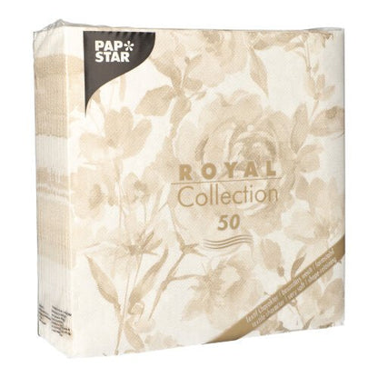 Egy 50 darabos csomagról van szó PAPSTAR "ROYAL Collection" 1/4 hajtású szalvéták (40 x 40 cm) homok színben, melyek átlátszó csomagolása a bézs szalvétákat és a PAPSTAR GmbH márkajelzését mutatja az előlapon.