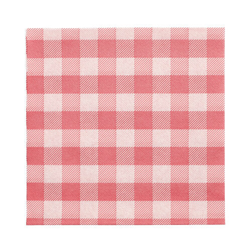 Egy PAPSTAR 100 szalvéta, 1-rétegű, 1/4-hajtás (33 x 33 cm) a PAPSTAR GmbH-tól piros-fehér gingham mintával, FSC tanúsítvánnyal és környezetbarát módon, fehér alapon kiterítve.