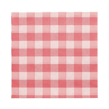 Egy PAPSTAR 100 szalvéta, 1-rétegű, 1/4-hajtás (33 x 33 cm) a PAPSTAR GmbH-tól piros-fehér gingham mintával, FSC tanúsítvánnyal és környezetbarát módon, fehér alapon kiterítve.
