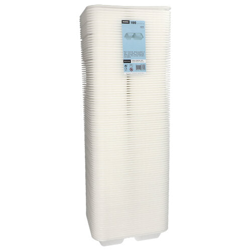 Ein Stapel von 100 weiß laminierten XPS-2-Fach-Schalen von Starpak, genannt „Starpak 100 Siegelschalen“, wird in Plastikfolie eingewickelt und mit einem blauen Etikett versehen geliefert – perfekt als Lebensmittelverpackung.