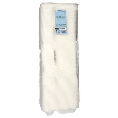 Egy 100 darabos Starpak élelmiszertálca halom fehér, laminált XPS-ből, két rekesszel, megemelt peremekkel, téglalap alakban, és egy kék címke a tetején. Márka: Starpak.