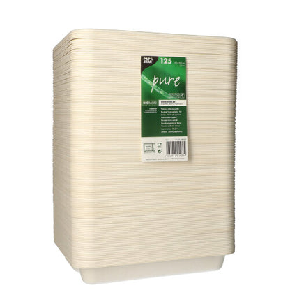 Zu sehen ist ein Stapel von 125 PAPSTAR 3-geteilten Zuckerrohr-Siegelschalen der Marke PAPSTAR GmbH, ordentlich gestapelt mit grünem Etikett auf weißem Hintergrund. Die Schalen sind beige und biologisch abbaubar.