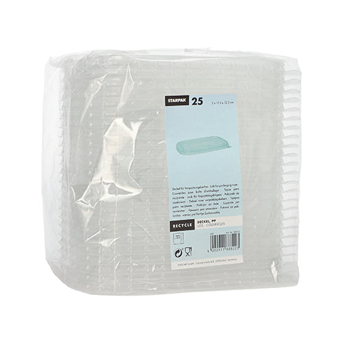 Egy csomag 25 téglalap alakú, átlátszó Starpak PP-fedéllel csomagolópoharakhoz (1 x 17,3 x 12,3 cm) műanyagba csomagolva, elöl kék-fehér címkével, amelyen termék- és újrahasznosítási információk találhatók.