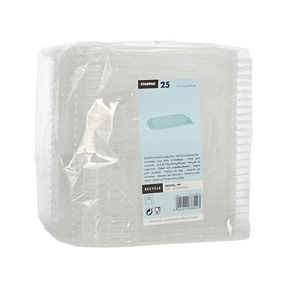Egy csomag 25 téglalap alakú, átlátszó Starpak PP-fedéllel csomagolópoharakhoz (1 x 17,3 x 12,3 cm) műanyagba csomagolva, elöl kék-fehér címkével, amelyen termék- és újrahasznosítási információk találhatók.