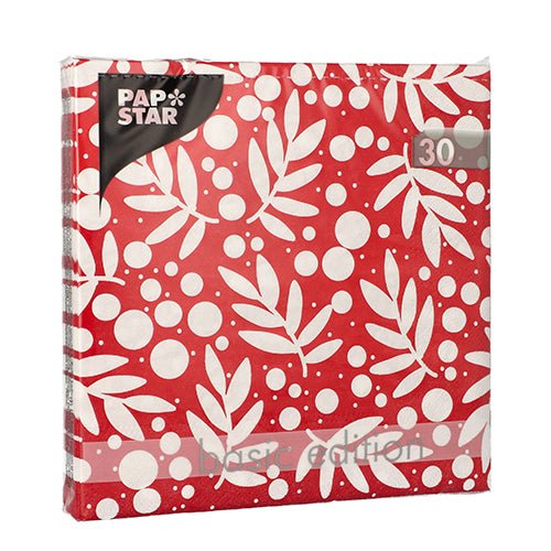 Egy csomag 30 PAPSTAR 3 rétegű szalvéta (33x33 cm, 1/4 hajtás) a PAPSTAR GmbH-tól, piros háttérrel, fehér levelekkel és pontokkal, valamint „Basic Edition” felirattal a jobb alsó sarokban.