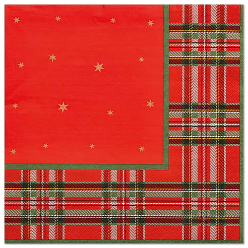 PAPSTAR 20 Servietten, 40x40 cm, 3-lagig, von PAPSTAR GmbH: Rote Papier-Servietten mit goldenen Sternen auf der einen und klassischem rot-grün-weißem Karomuster auf der anderen Seite – ideal für festliche Anlässe.