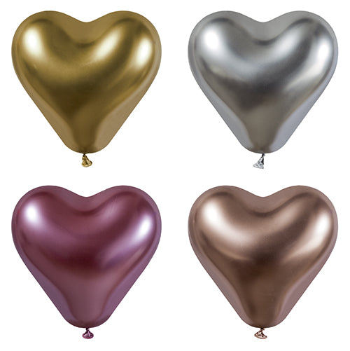 Die PAPSTAR 4 Luftballons groß von PAPSTAR GmbH sind metallisch glänzend in Gold, Silber, Violett und Roségold im Raster angeordnet – ideal für festliche Dekorationen bei jedem Anlass.