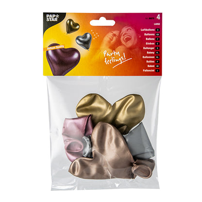 Die PAPSTAR 4 Luftballons groß der PAPSTAR GmbH beinhalten vier unaufgeblasene Herzballons in Metallic-Gold, Silber, Roségold und Bronze in einer Klarsichtverpackung mit Branding und Ballonmotiven – ideal für die festliche Dekoration.