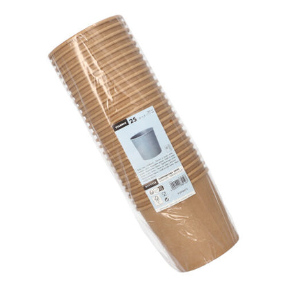 Egy csomag 25 barna Starpak leveses pohár kartonból (Ø 11,5 cm), a Starpaktól, átlátszó fóliában fehér címkével csomagolva – ideális levesek élvezetére vagy elvitelére.