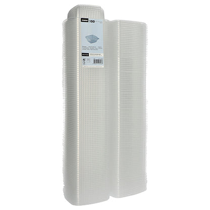 Eine Packung mit 100 transparenten, rechteckigen Starpak-Verpackungsbechern aus PP mit Klappdeckel steht aufrecht. Ein Starpak-Etikett auf der Oberseite zeigt Details zu diesen vielseitigen Bechern und deren Menge.