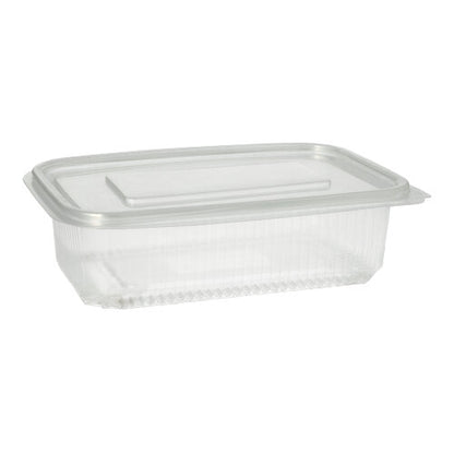 Ein Starpak 50 Verpackungsbecher mit Klappdeckeln, PP transparent rechteckig, ruht auf einem schlichten weißen Hintergrund mit geschlossenem durchsichtigen Deckel.