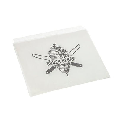 Die PAPSTAR Döner-Kebab-Tüten 16x16 cm (weiß, Schrumpffolie, 1000 Stück) der PAPSTAR GmbH verfügen über einen Dönerspieß mit gekreuzten Messern und "DÖNER KEBAB" - die ideale Verpackungslösung für Imbisse.