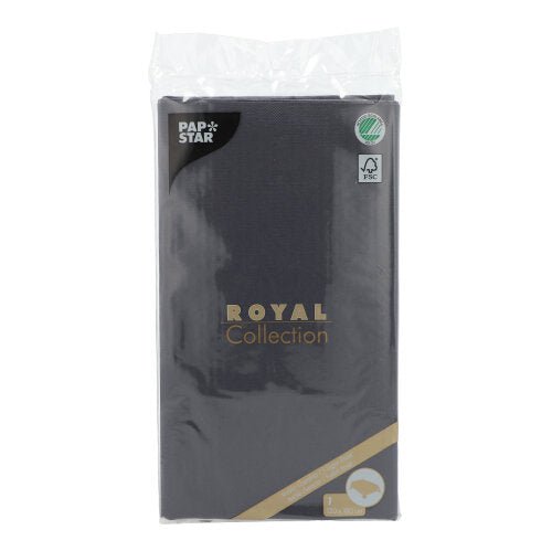 Egy PAPSTAR asztalterítő a ROYAL Kollekcióból (120 x 180 cm) a PAPSTAR GmbH-tól látható. A csomagolás arany-fehér szöveggel, logókkal és egy FSC pecséttel van ellátva – tökéletes egy elegánsan terített asztalhoz.