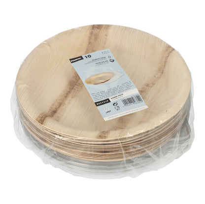 Egy halom kerek, világos Starpak pálmalevél eldobható tányér (Ø 23 cm, 500 ml, rPET fedővel), kombicsomag zsugorfóliában (10 darab), fehér termékcímkével a tetején.