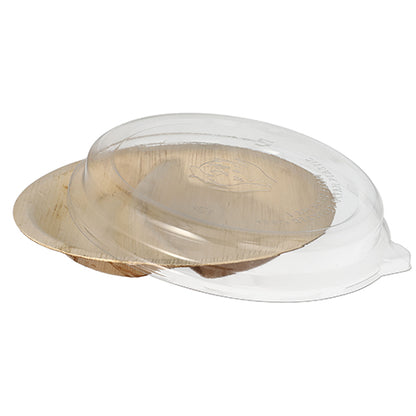 A Starpak Kombipack 10 pálmalevél tányért tartalmaz, 2 részre osztva, 300 ml, Ø 23 cm · 5,3 cm átlátszó rPET fedéllel – praktikus és fenntartható élelmiszerbemutatáshoz vagy csomagoláshoz.