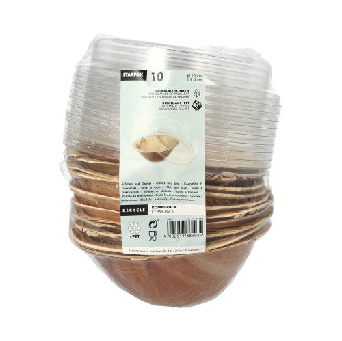 Starpak 10 tálas, pálmalevél rPET fedővel „kombinált csomag”: Egy környezetbarát eldobható tál készlet újrahasznosított PET fedővel. Az első címkék újrahasznosítási szimbólumokat és termékinformációkat mutatnak.