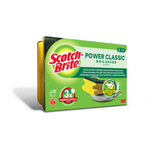 Eine Packung Scotch-Brite® Classic Griffschwamm (2 Stück), von 3M Deutschland GmbH, mit gelben Schwämmen und grüner Scheuerauflage. Mit Reinigungsleistung und griffigem Design, 3M-Logo auf der Verpackung.