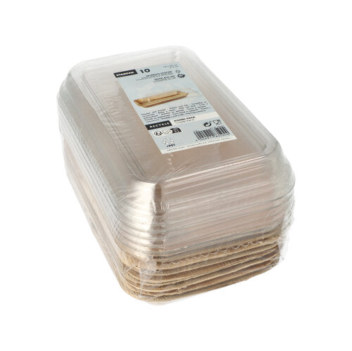 Egy halom Starpak 10 tálas, pálmalevél rPET fedővel „kombinált csomag” eldobható tál együtt van csomagolva és műanyag fóliába burkolva, egyszerű fehér háttéren. Felül egy Starpak márkájú termékcímke látható.