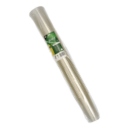Egy csomag 60 darab üvegszerű PAPSTAR „pure“ PLA söröspohárral (0,2 l, Ø 7,05 cm, 12,4 cm) a PAPSTAR GmbH-tól zöld-fehér címkével, átlátszó műanyag csomagolásban, fehér háttéren látható.