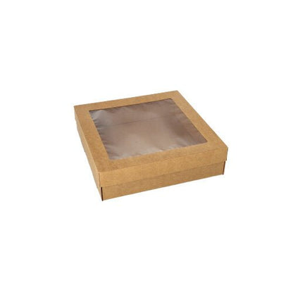 A Starpak 25 szállító- és cateringkarton barna kartonból, különálló fedéllel és PET-ablakkal az ideális csomagolási megoldás bemutatáshoz és szállításhoz.
