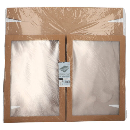 Két téglalap alakú Starpak 10 szállító- és vendéglátó karton stabil barna kartonból, mindegyik különálló fedéllel és PET-átlátszó ablakkal, hasonlóan sütőlapokhoz, átlátszó fóliába csomagolva, középen termékinformációs betéttel.