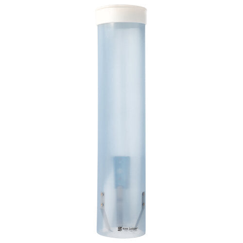 Egy átlátszó Starpak poháradagoló, PS Ø 8,5 cm x 42 cm, fehér fedéllel és két fémkapoccsal az alján, függőlegesen áll fehér háttér előtt. Márka: Starpak.