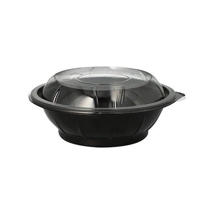 A Starpak 25 salátástál készlet fekete 600 ml-es PET élelmiszertartályokat tartalmaz (Ø 16,6 cm, magasság 5,9 cm) átlátszó, domború „Snap It” fedőkkel R-PET-ből, fehér háttér előtt ábrázolva (25 darab csomagonként).