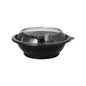 A Starpak 25 salátástál készlet fekete 600 ml-es PET élelmiszertartályokat tartalmaz (Ø 16,6 cm, magasság 5,9 cm) átlátszó, domború „Snap It” fedőkkel R-PET-ből, fehér háttér előtt ábrázolva (25 darab csomagonként).