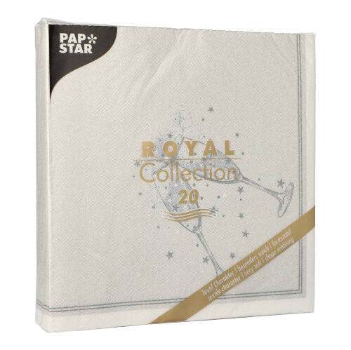 A PAPSTAR GmbH 20 szalvéta "ROYAL Collection" (1/4-hajtás, 40x40 cm) egy négyzet alakú fehér csomagolásban érkezik minimalista pezsgőspohár dizájnnal - tökéletes egy stílusos asztaldekorációhoz.