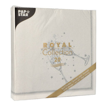 A PAPSTAR GmbH 20 szalvéta "ROYAL Collection" (1/4-hajtás, 40x40 cm) egy négyzet alakú fehér csomagolásban érkezik minimalista pezsgőspohár dizájnnal - tökéletes egy stílusos asztaldekorációhoz.