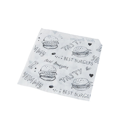 A PAPSTAR hamburgertasakok 13x13 cm, fehér, a PAPSTAR GmbH fekete, kézzel rajzolt burger-motívumokat és feliratokat mutatnak, mint például "LEGJOBB BURGEREK", "FINOM" és "NYAMI", valamint kis szíveket és pontokat - a tökéletes stílusos csomagolás burgerekhez (1000 darab).