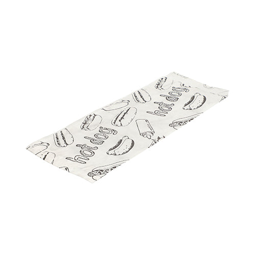 A képen egy lapos, fehér PAPSTAR hot dog zacskó papírcsomagolás (21x8,5 cm) látható, fekete hot dog rajzzal és "Hot Dog" felirattal a PAPSTAR GmbH 1000 darabos zsugorfóliás csomagjából, fehér háttér előtt.