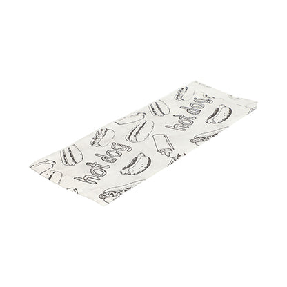 A képen egy lapos, fehér PAPSTAR hot dog zacskó papírcsomagolás (21x8,5 cm) látható, fekete hot dog rajzzal és "Hot Dog" felirattal a PAPSTAR GmbH 1000 darabos zsugorfóliás csomagjából, fehér háttér előtt.