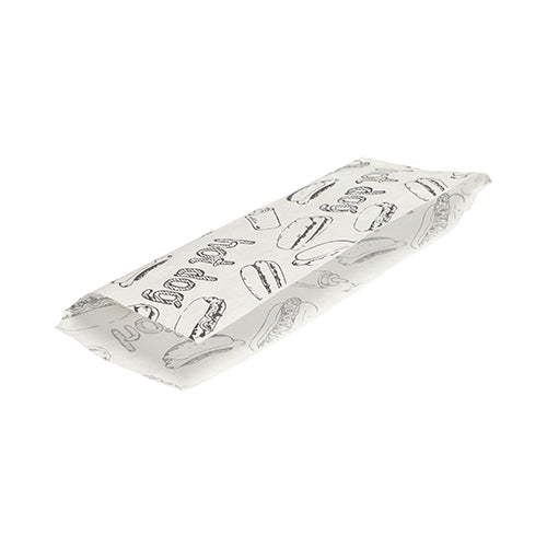 Die PAPSTAR 1000 Hot Dog-Tüten (21 cm x 8,5 cm, weiß) bestehen aus Schrumpffolie mit schwarzen Sandwich- und Hot-Dog-Illustrationen. Die hygienische Verpackung ist sorgfältig gefaltet und an beiden Enden verschlossen.