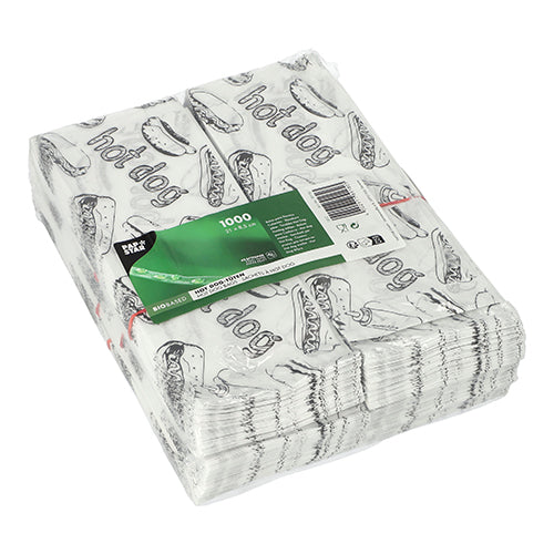 A PAPSTAR GmbH 1000 PAPSTAR hot dog zacskója (21x8,5 cm, fehér) be van csomagolva, fekete hot dog grafikával és "Hot Dog" felirattal ellátva. Egy zöld címke a termék adataival van rajta.