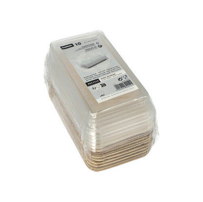 A Starpak 10 Sushi-tál Palmlevél négyzet alakú rPET-fedéllel „Kombipack“ téglalap alakú tálakat kínál fedéllel, ideális a sushi kényelmes tálalásához és tárolásához, vagy a megfelelő rPET-fedéllel való kombináláshoz.