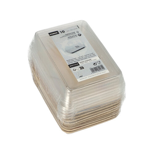 Egy csomag tíz téglalap alakú Starpak 10 Sushi-tál Palmlevél élelmiszertartály barna színben, mindegyik átlátszó rPET-fedéllel („Kombipack“), műanyagba csomagolva és a tetején termékinformációs címkével ellátva.