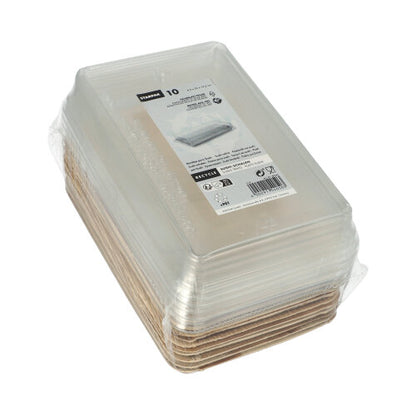 Starpak 10 Sushi-tál Palmlevél négyzet alakú rPET-fedéllel „Kombipack“: Tíz téglalap alakú palmlevél tartály barna alappal és rPET-fedéllel, termék- és újrahasznosítási információkkal címkézve – ideális friss sushi ételekhez.